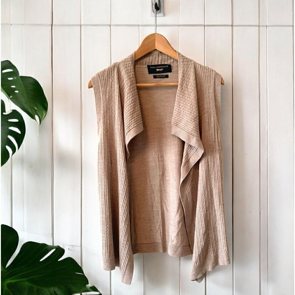 Paul Costelloe Pure Merino Wool Sleeveless Cardigan Cable Knit Beige Size Medium